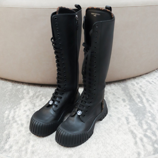 Louis Vuitton Black Leather Tall Lace Up Combat Boot