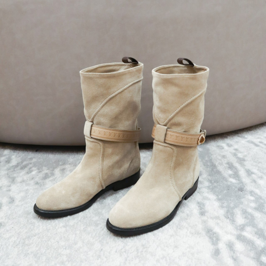 Suede Buckle Strap Mid Calf Boots Beige