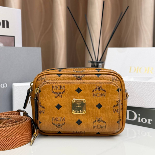 MCM Visetos Camera Crossbody Bag Cognac Coated Canvas