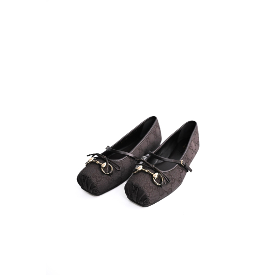 Gucci GG Canvas Horsebit Ballet Flat Dark Brown Canvas