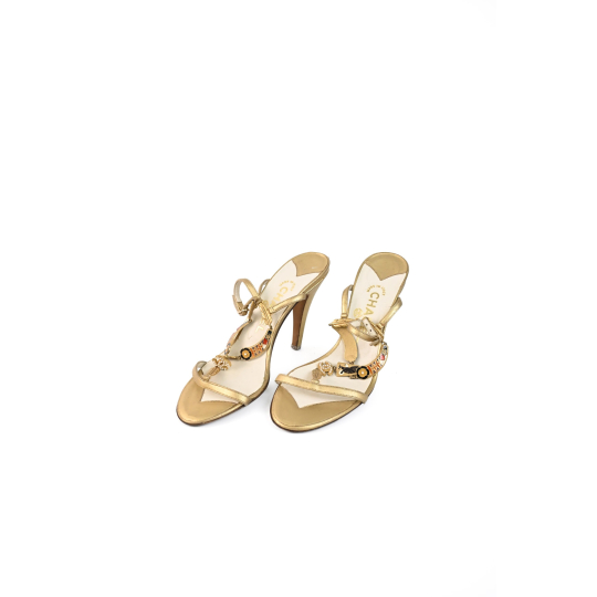 Chanel Strappy Heeled Mule Sandal Gold Metallic Leather