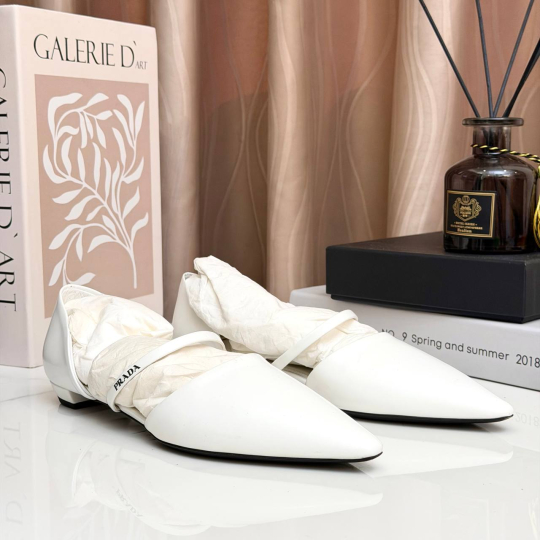 Prada Pointed Toe Ankle Strap Flat White Leather