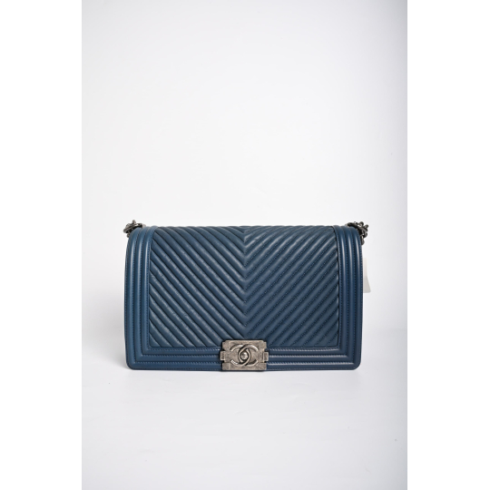 Chanel Boy Bag New Medium Navy Chevron Lambskin