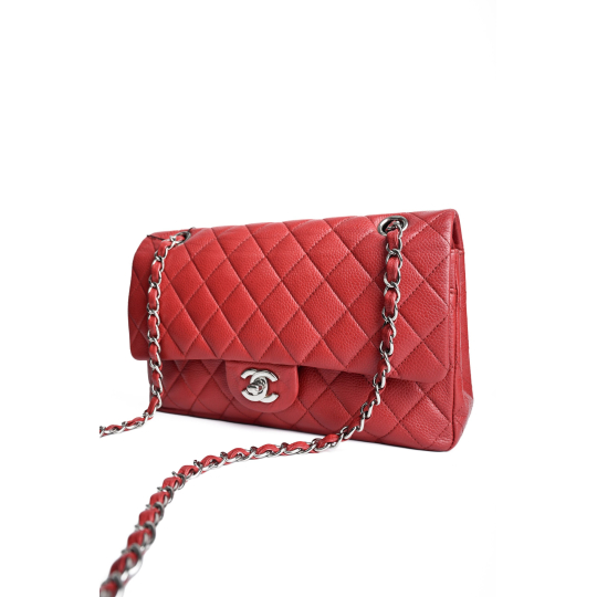 Chanel Classic Double Flap Medium Lambskin Red Silver Hardware