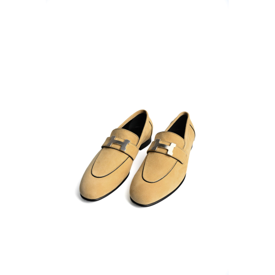 Hermes Paris Loafer Beige Suede Silver H Buckle