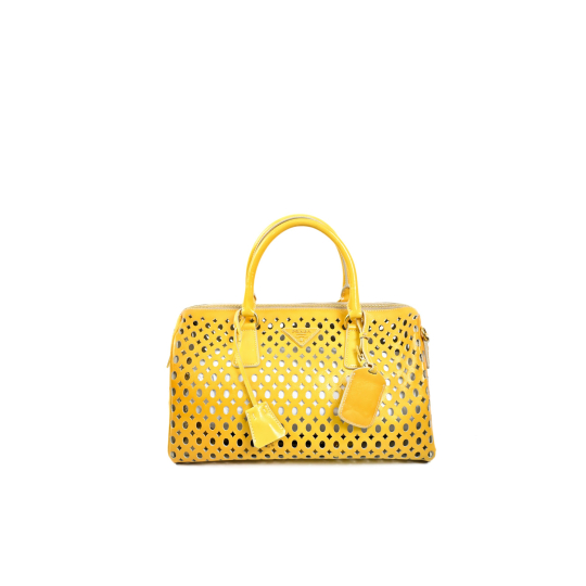 Prada Perforated Bowling Bag Yellow Patent Leather