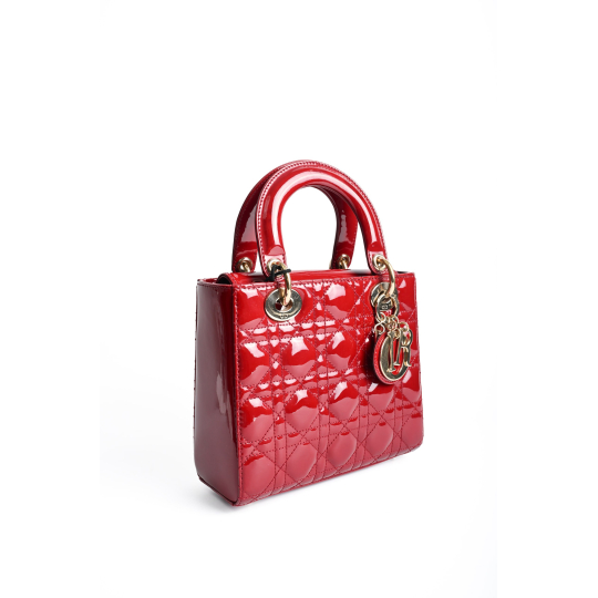 Dior Lady Dior Small Patent Cannage Leather Red Gold Hardware