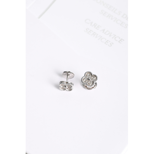 Pave Crystal Clover Flower Stud Earrings Silver Tone Metal