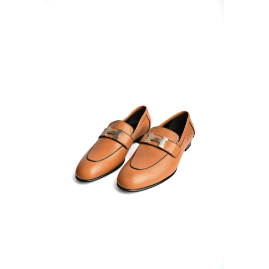 Hermes Loafer Tan Calfskin Silver Kelly Buckle Hardware