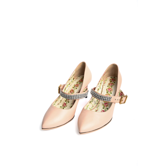 Gucci Mary Jane Pump Pink Leather Crystal Strap Floral Lining