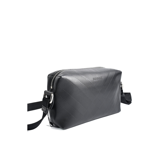 Burberry Check Embossed Leather Camera Crossbody Bag Black Silver Hardware