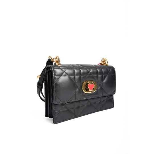 Dior Caro Heart Motif Cannage Lambskin Black Gold Chain Shoulder Bag