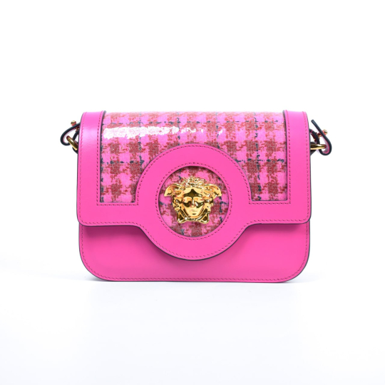 Versace La Medusa Shoulder Bag Pink Tweed and Leather