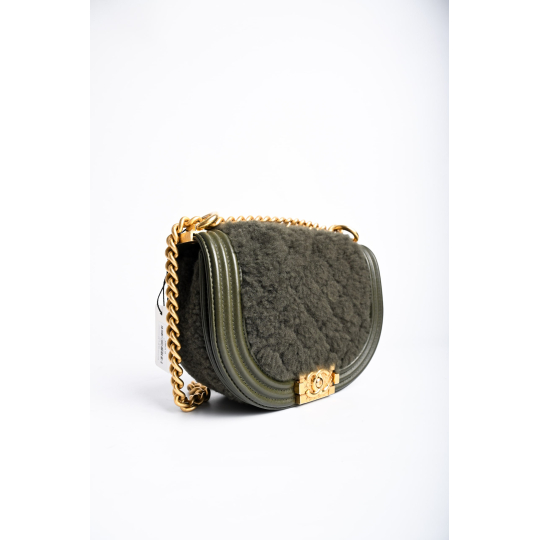 Chanel Boy Round Bag Khaki Green Shearling and Lambskin