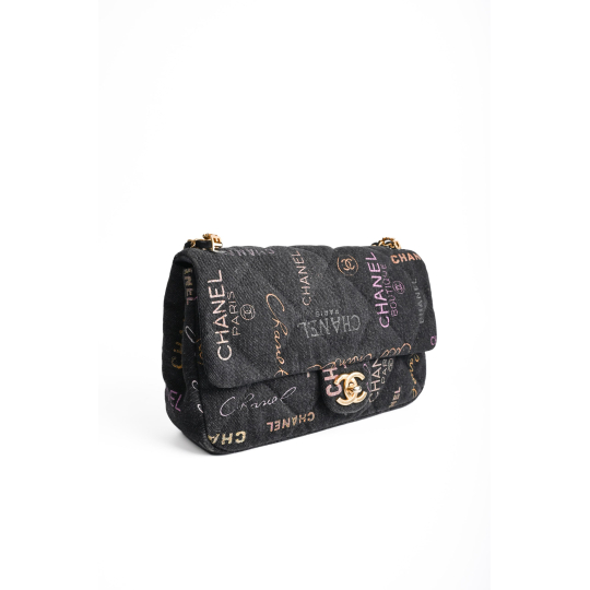 Chanel Classic Flap Small Denim Printed Logo Dark Grey Gold Hardware