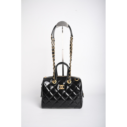 Chanel Bowling Bag Black Quilted Patent Leather