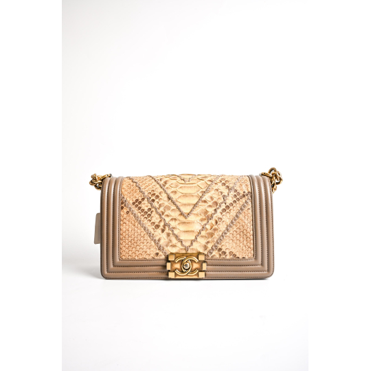Chanel Boy Bag Old Medium Beige Python and Calfskin
