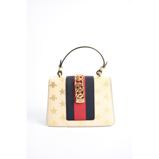 Gucci Mini Sylvie Bee Star Ivory Leather Top Handle Bag