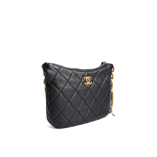 Chanel Hobo Small Quilted Lambskin Black Chunky Gold Chain