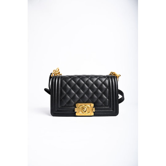 Chanel Boy Bag Black Caviar Leather Aged Gold Hardware