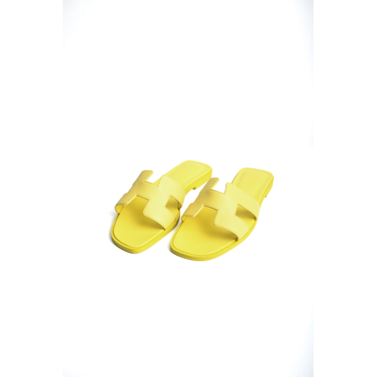 Hermes Oran Flat Slide Sandal Yellow Leather H Cut Out