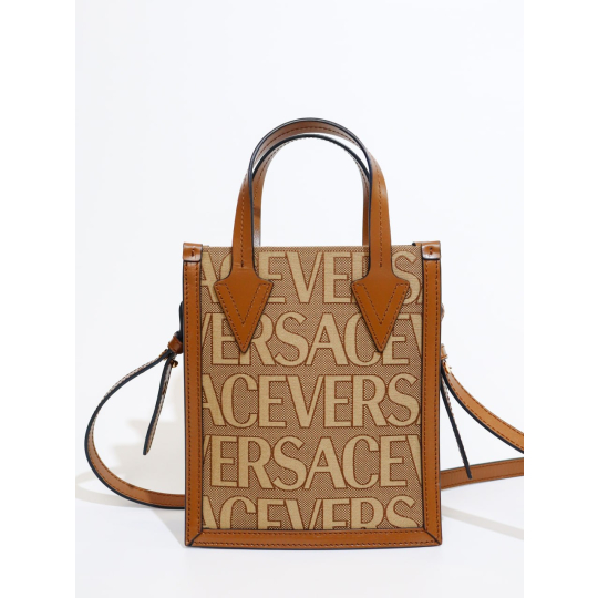 Versace Allover Logo Mini Tote Brown Jacquard and Leather