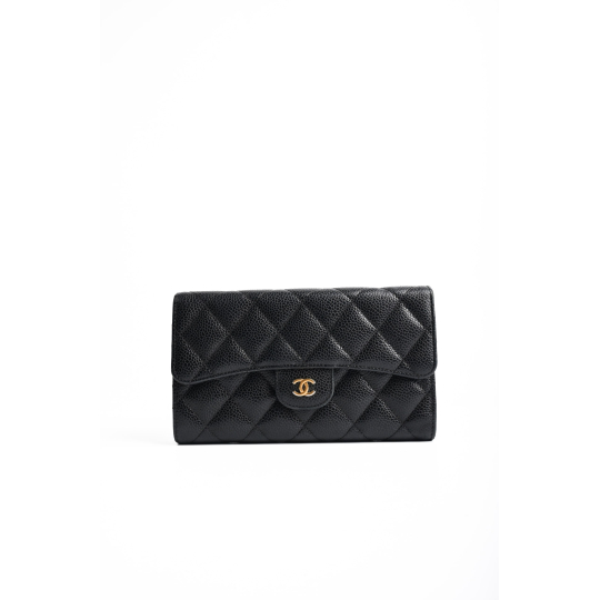 Chanel Classic Long Flap Wallet Black Caviar Leather Gold Hardware