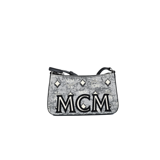 MCM Visetos Zip Pouch Crossbody Silver Grey Coated Canvas