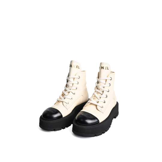 Chanel Lace Up Combat Boot Ivory Grained Leather Black Cap Toe Lug Sole