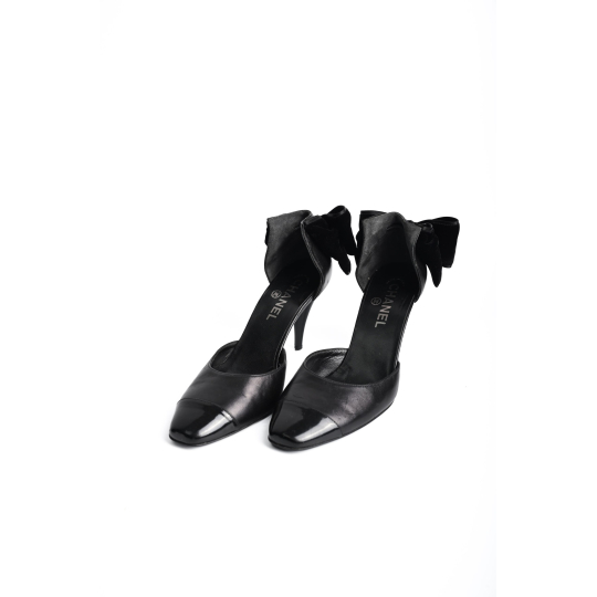 Chanel Cap Toe Bow Ankle Strap DOrsay Pump Black Leather