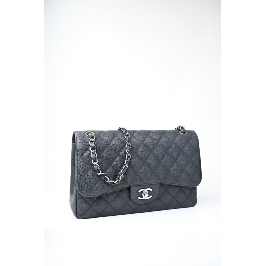 Chanel Classic Double Flap Jumbo Black Caviar Leather Silver Hardware