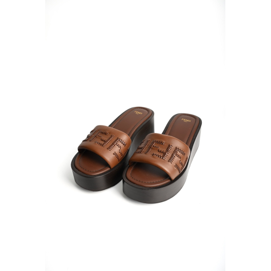 Fendi FF Embossed Platform Wedge Slide Sandal Brown Leather