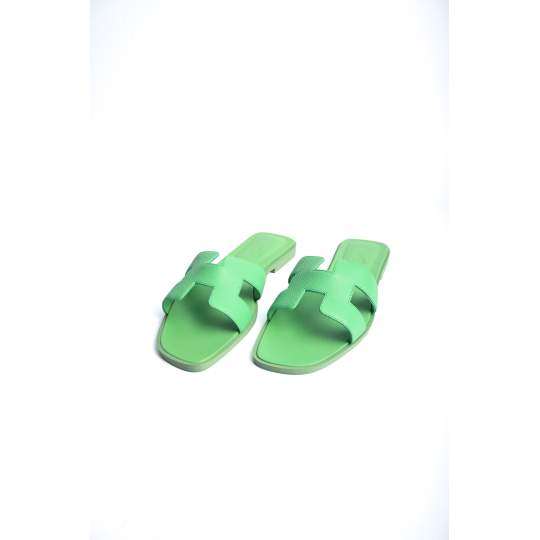 Hermes Oran Flat Slide Sandal Green Leather H Cut Out