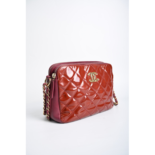 Chanel Camera Case Quilted Patent Leather Burgundy Red Gold Hardware