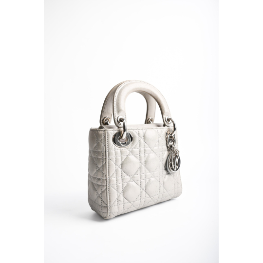 Dior Lady Dior Mini Patent Cannage Calfskin Pearl Grey Silver Hardware