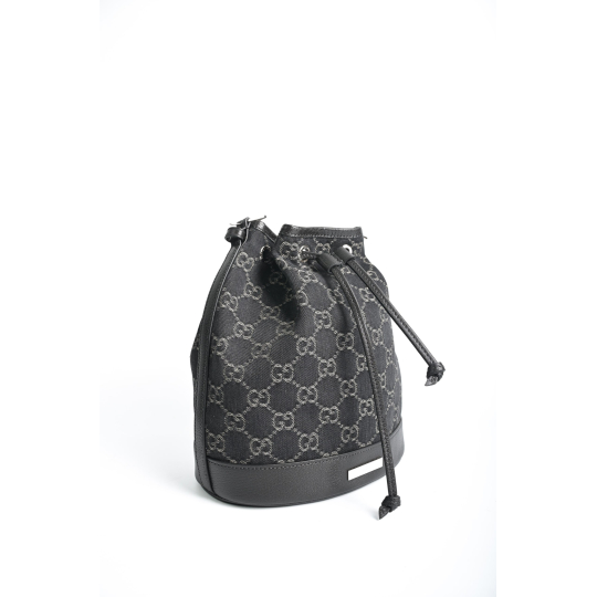 Gucci Bucket Drawstring Bag GG Denim Canvas Black Silver Hardware