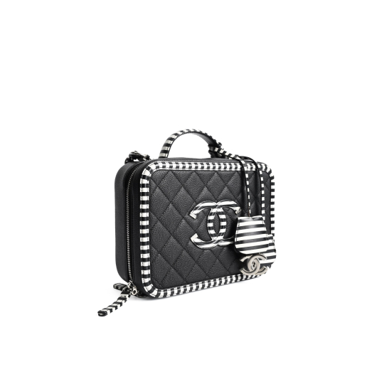 Chanel Filigree Vanity Case Medium Black Caviar with Striped Trim Silver Hardware