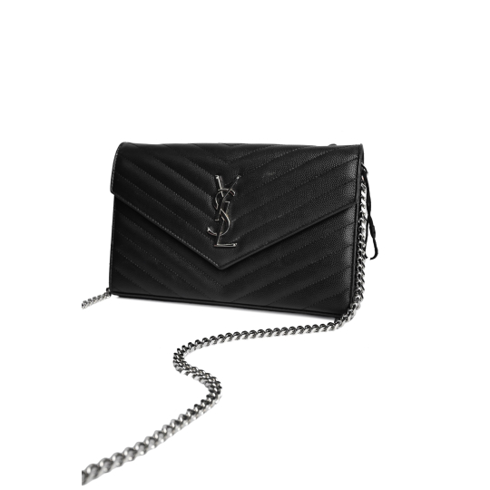 Saint Laurent Envelope Wallet on Chain Grain Leather Black Silver Hardware
