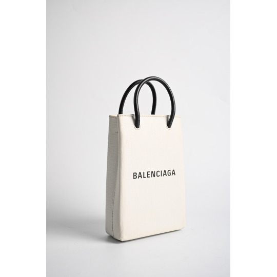 Balenciaga Shopping Phone Holder Bag White Grained Calfskin