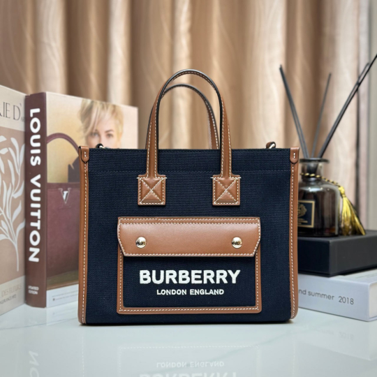 Burberry Freya Mini Tote Navy Canvas and Leather