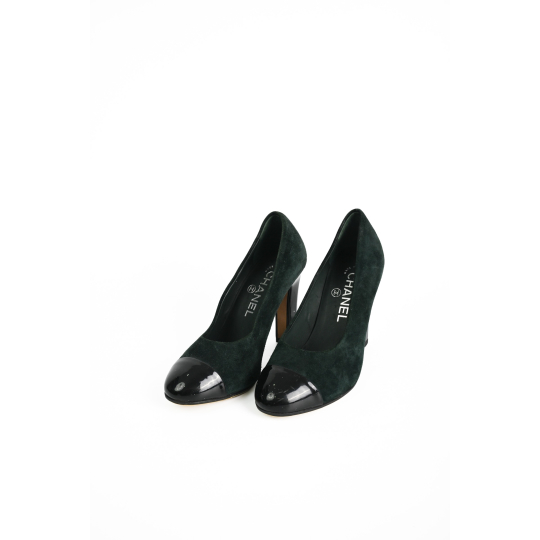 Chanel Cap Toe Pump Dark Green Suede Black Patent