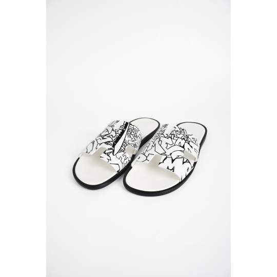 Hermes Flat Sandal White Printed Leather Black Sole