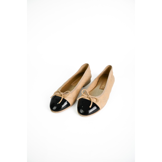 Chanel Ballerina Flat Beige Black Cap Toe Quilted Leather