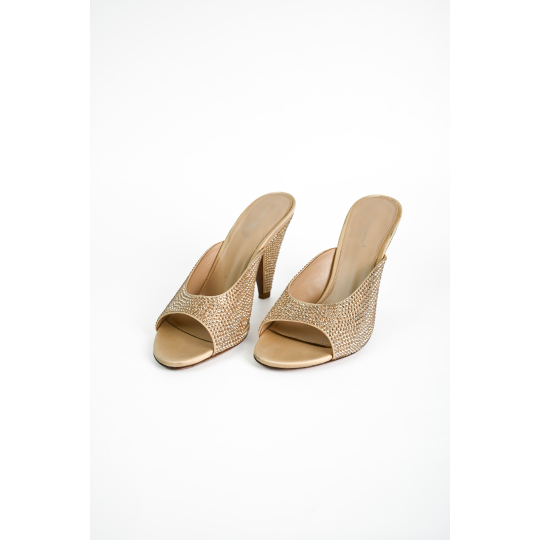 Louis Vuitton Crystal Embellished Cone Heel Mule Gold Fabric