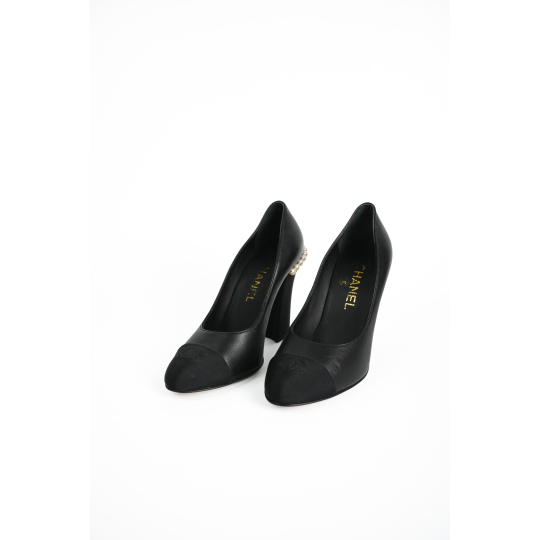 Chanel Pearl Block Heel Pump Black Leather and Grosgrain Cap Toe