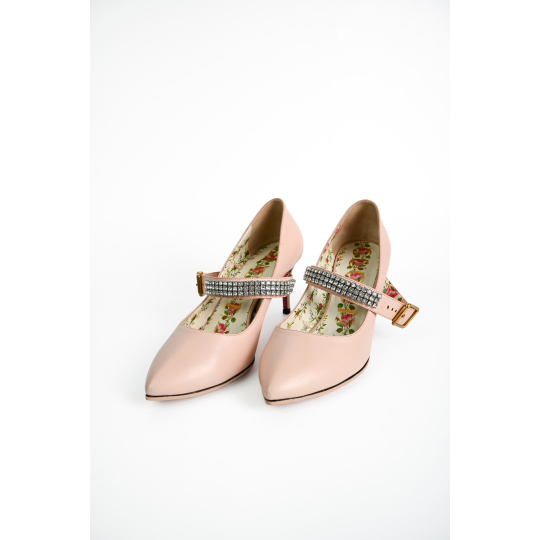 Gucci Mary Jane Pump Pink Leather Crystal Strap Floral Lining
