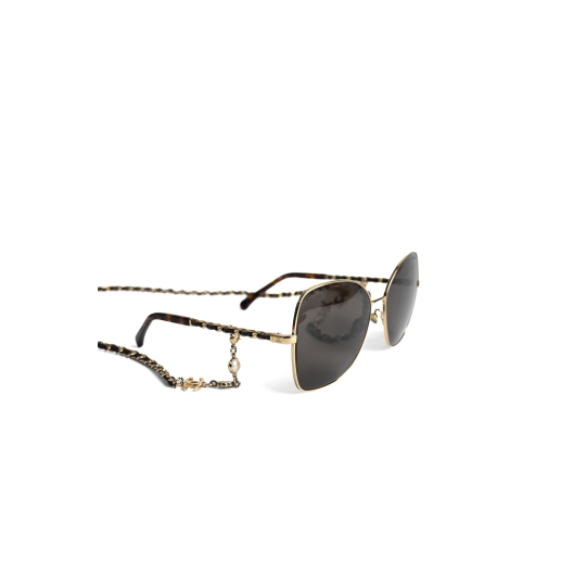 Chanel Square Sunglasses Gold With Leather Chain