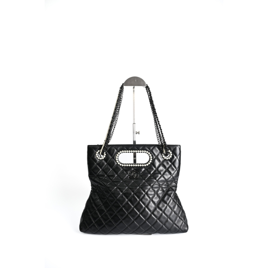 Chanel Shopping Tote Pearl Chain Black Lambskin