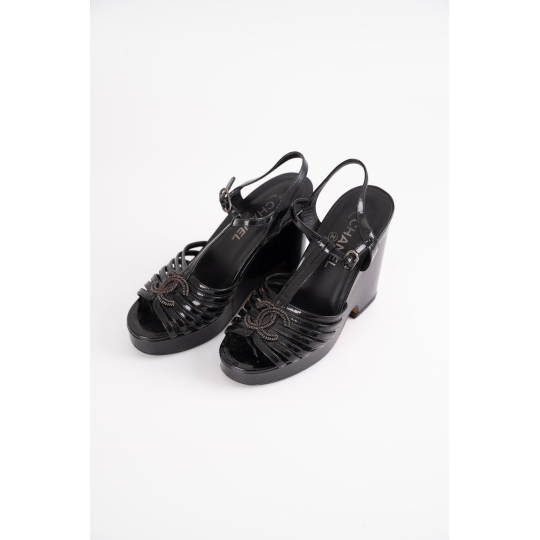 Chanel CC Platform Sandal Black Leather Strappy