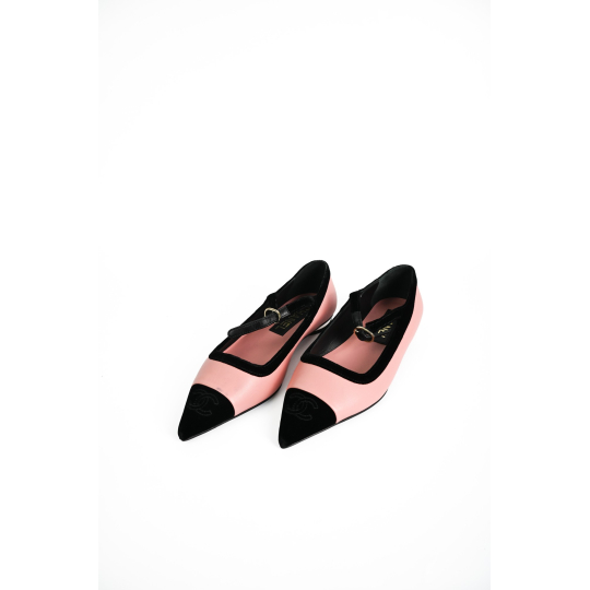 Chanel Pointed Mary Jane Flat Pink Leather Black Velvet Cap Toe